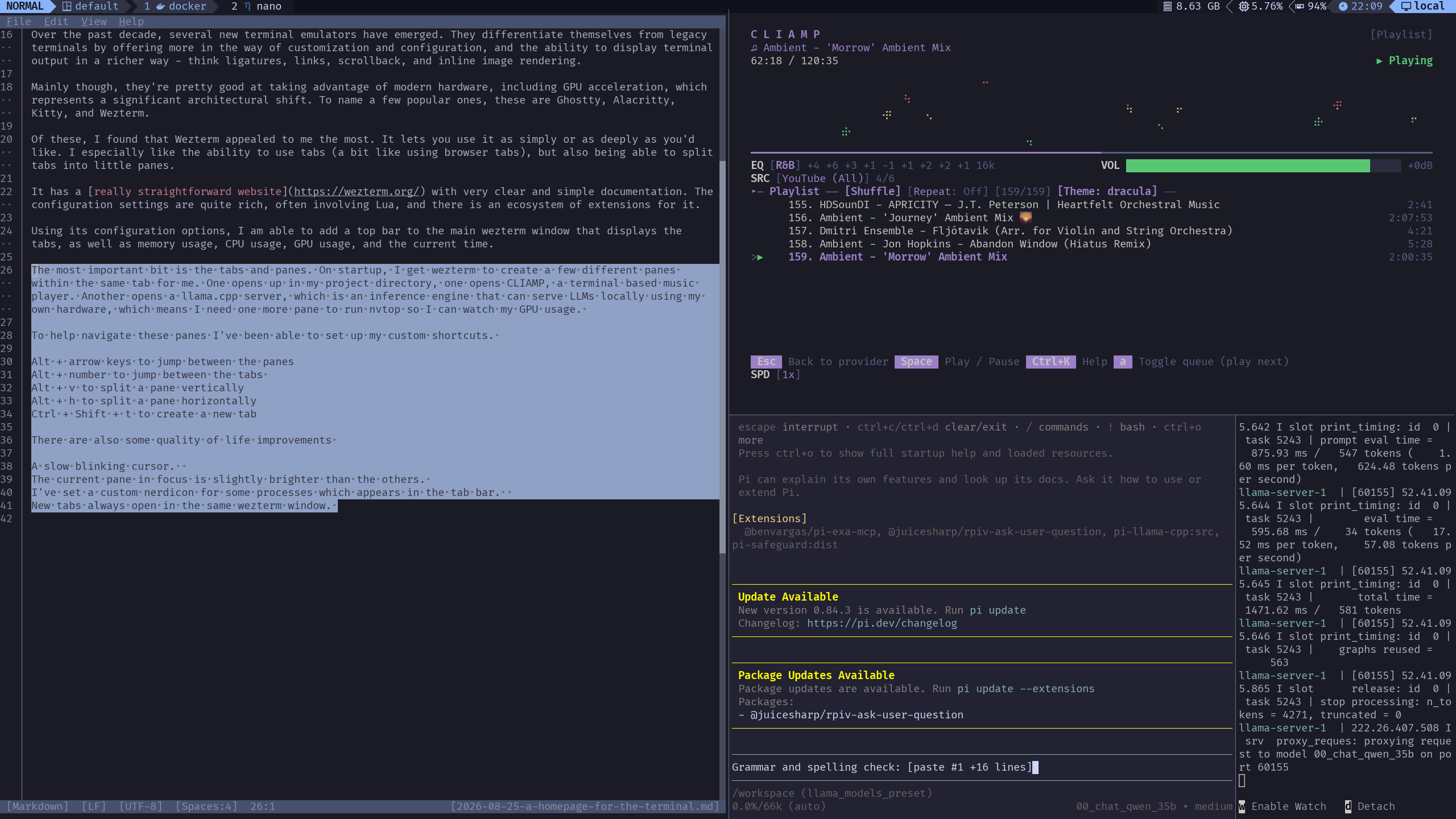 WezTerm window with tabs and system stats across the top, edit writing this article, cliamp playing music, pi.dev doing a grammar check, and a docker compose for llama.cpp
