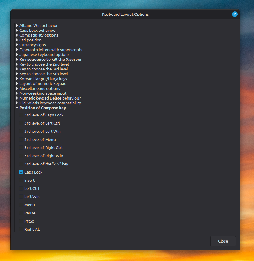 Linux Mint settings screen allowing selection of compose key
