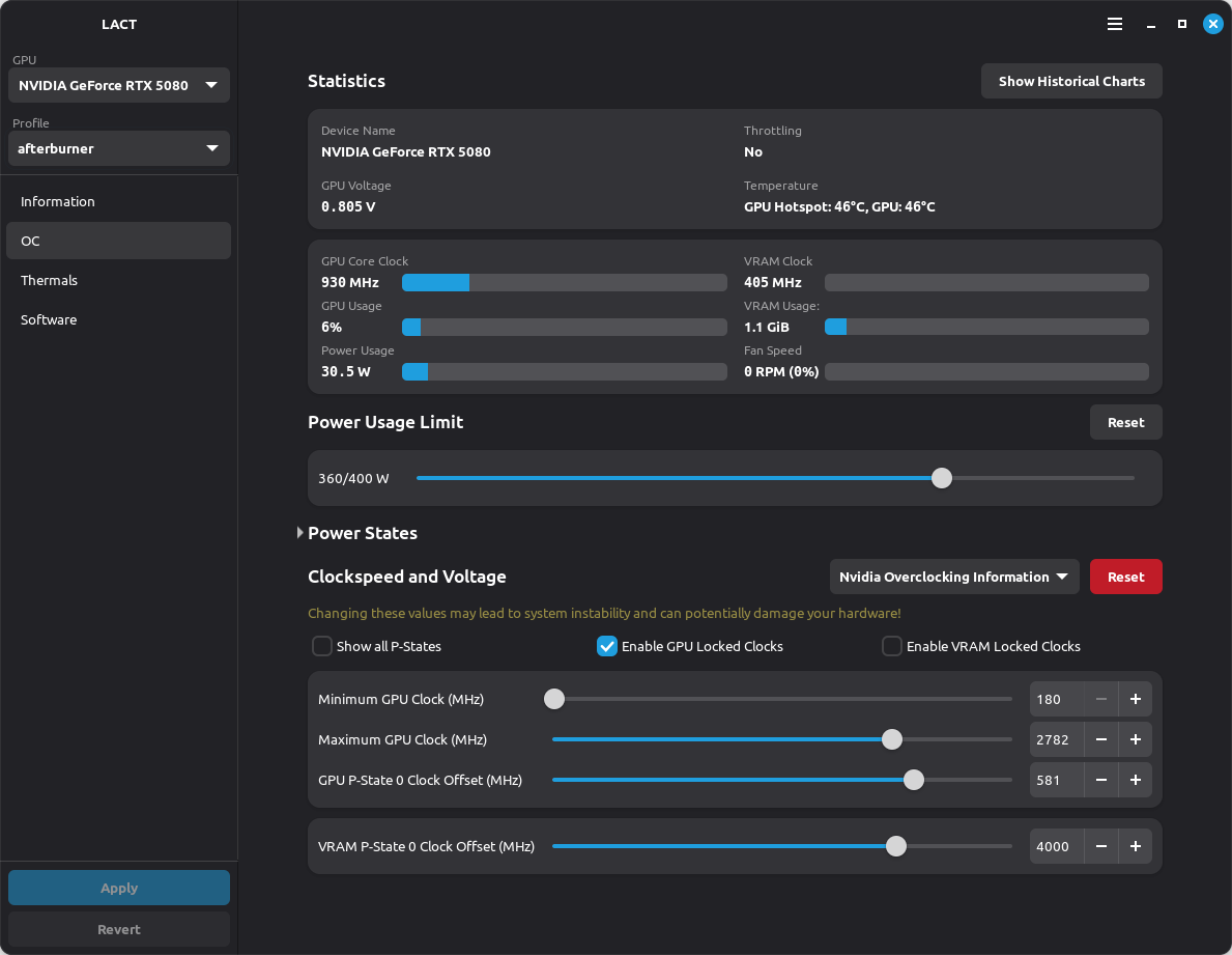 LACT interface showing the settings to undervolt the GPU