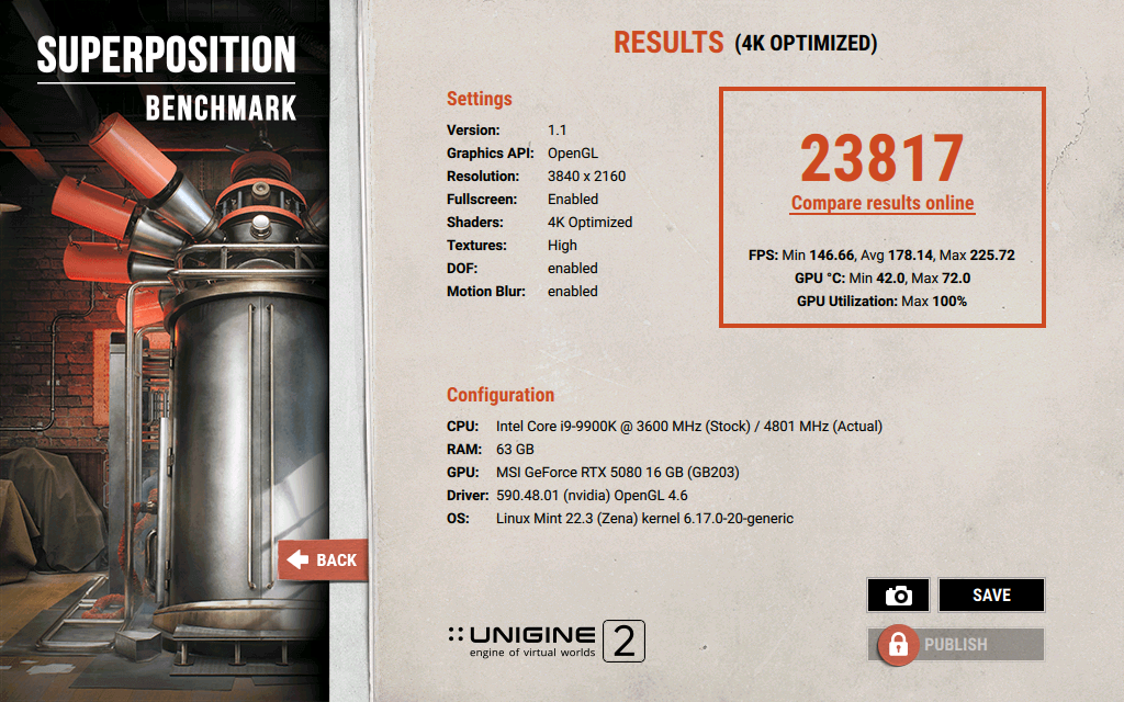 Unigine Superposition benchmark score before undervolting showing score 23817, temperature 72C