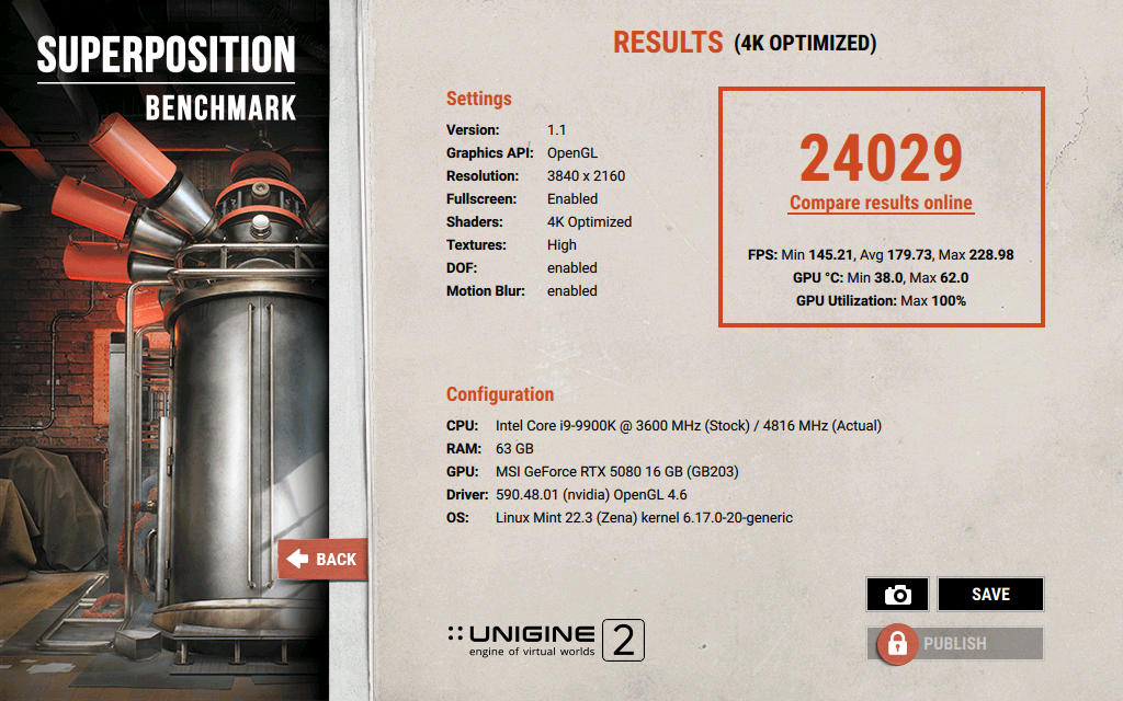 Unigine Superposition benchmark score after undervolting showing score 24029, temperature 62C