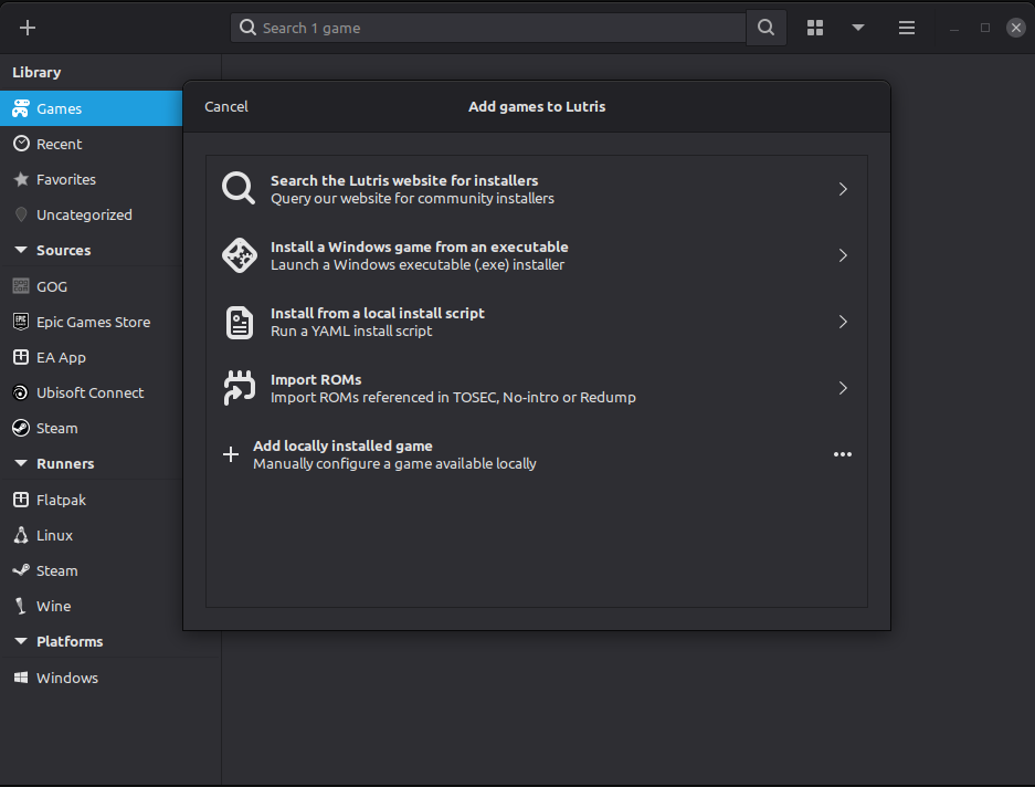 Options to install an application through Lutris including a local install script and a manual installation