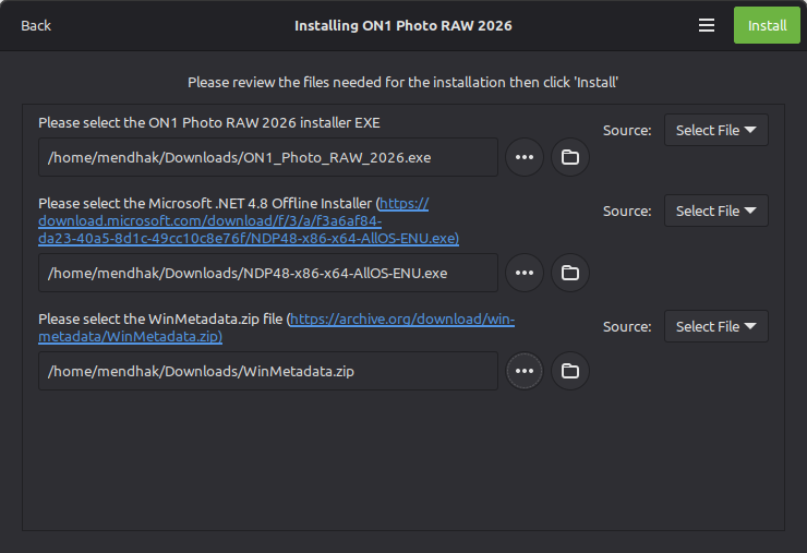 Dialog option to provide the three EXEs downloaded earlier