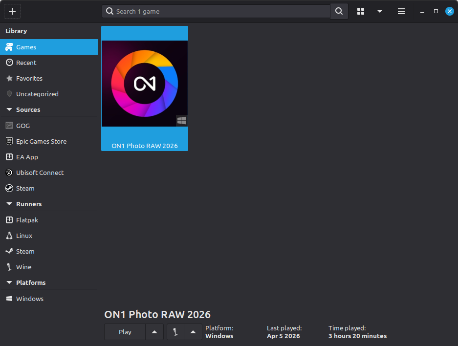 Lutris window with ON1 application