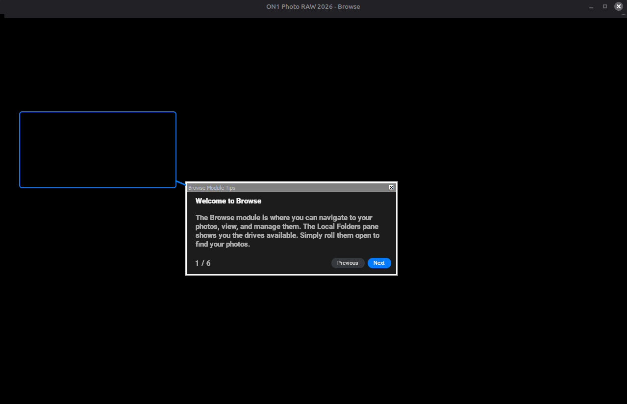 ON1 blank screen with a tutorial